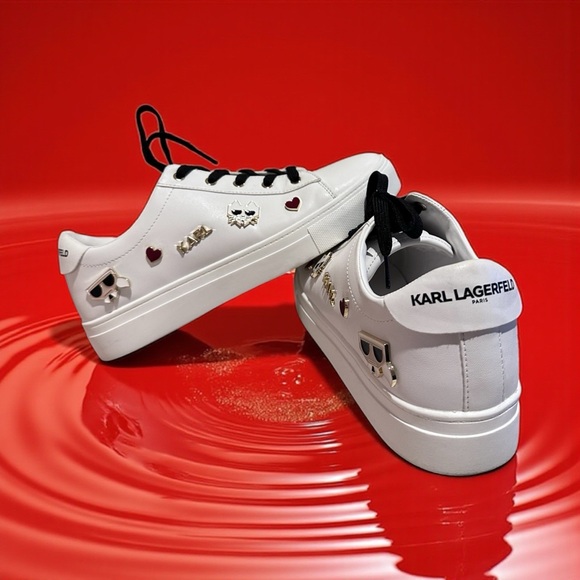 Karl Lagerfeld 9.5 pinned Cambie Women’s Sneakers White Logo low top - Picture 1 of 12